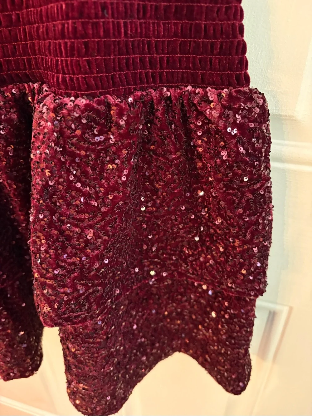 Girl’s sequin, Velvet Textured Dress in Deep Wine